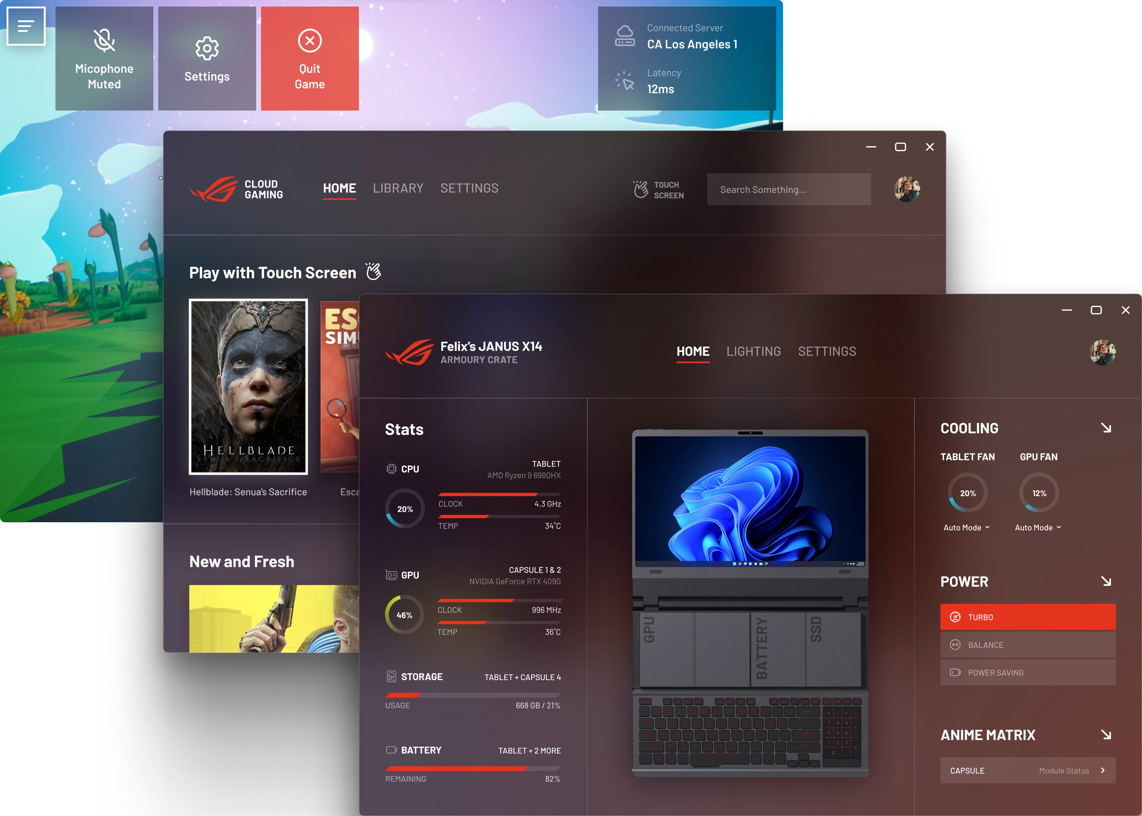 New software designed for Project Janus, including the new ROG Armoury Crate, the new ROG Cloud Gaming Services, and its on-screen controls.